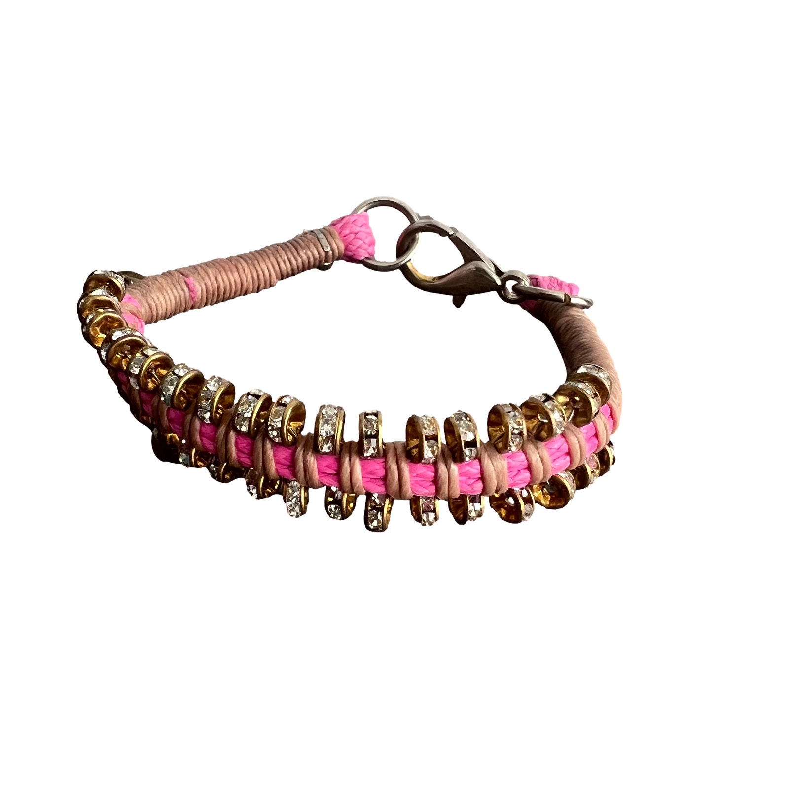 Pam Hiran Pink And Brown Boho Rhinestone Studded Braided Cord Bracelet